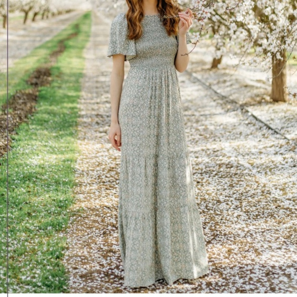 Green Tea Floral Smocked Maxi Dress